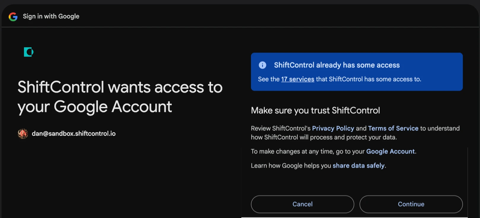 Google permissions screen for re-authorization, showing the 'ShiftControl already has some access' banner and the trust card